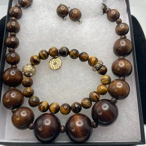 Wooden Beaded Necklace, bracelet and earrings